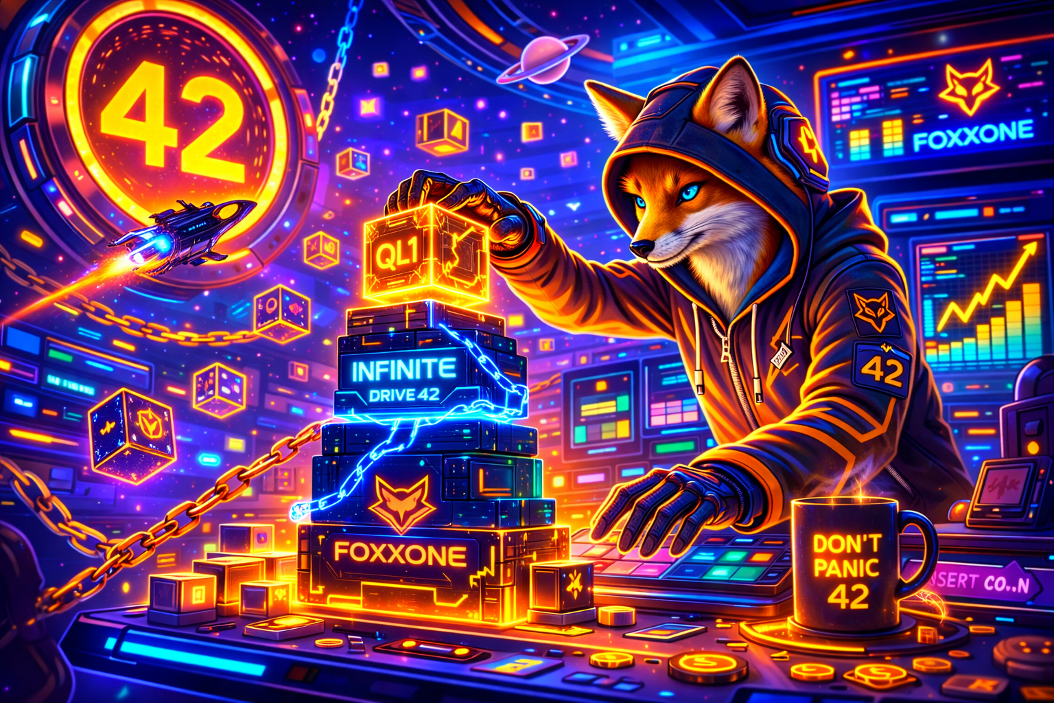 Foxx Block Builder hero art showing the fox building through InfiniteDrive42 blocks