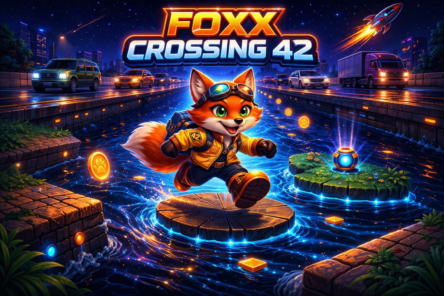 Foxx Crossing 42 hero art showing the Gate 42 crossing theme